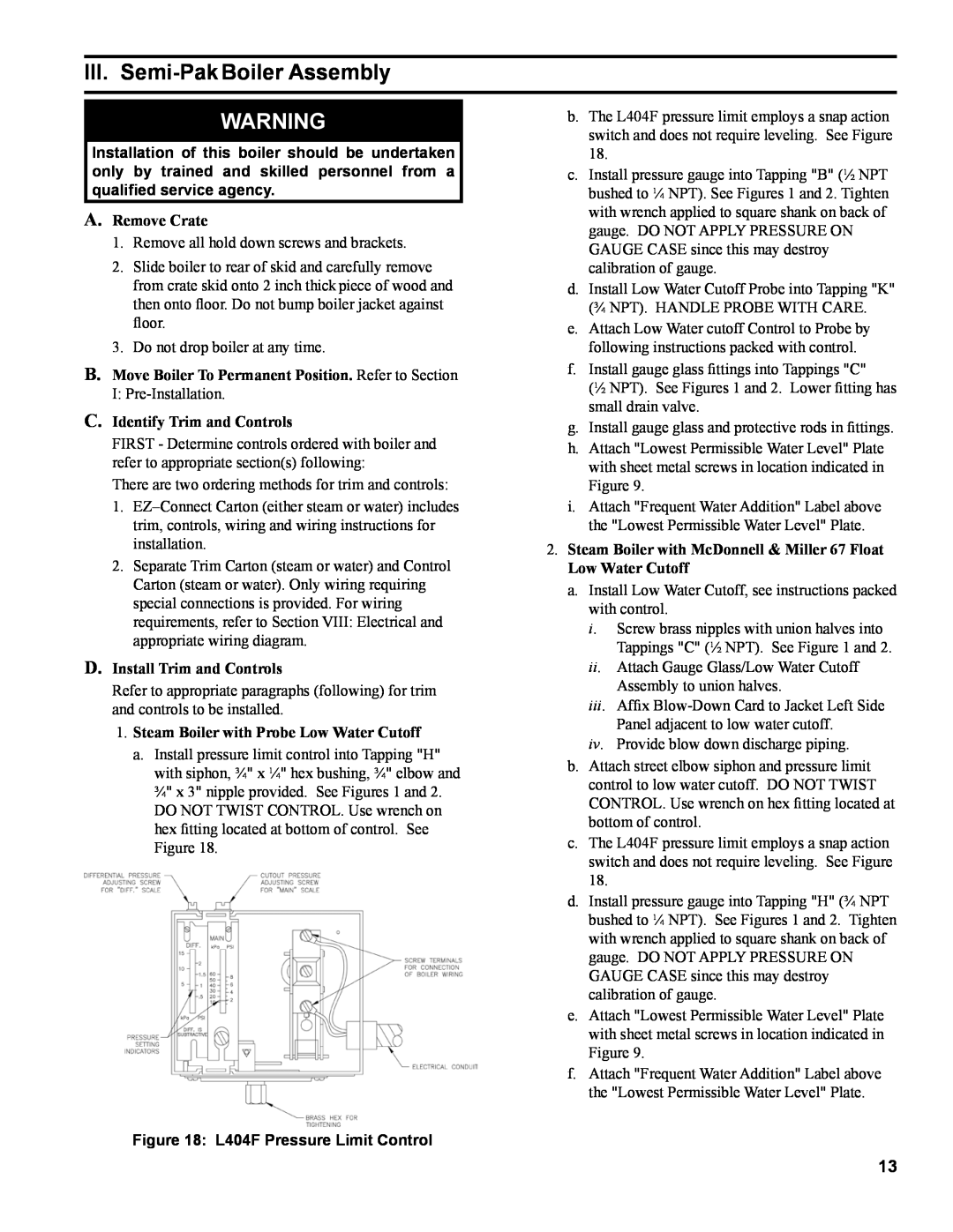 Burnham IN10 III. Semi-Pak Boiler Assembly, A. Remove Crate, C. Identify Trim and Controls, D. Install Trim and Controls 